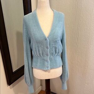 Women's L Space Blue Fuzzy Cardigan Sweater